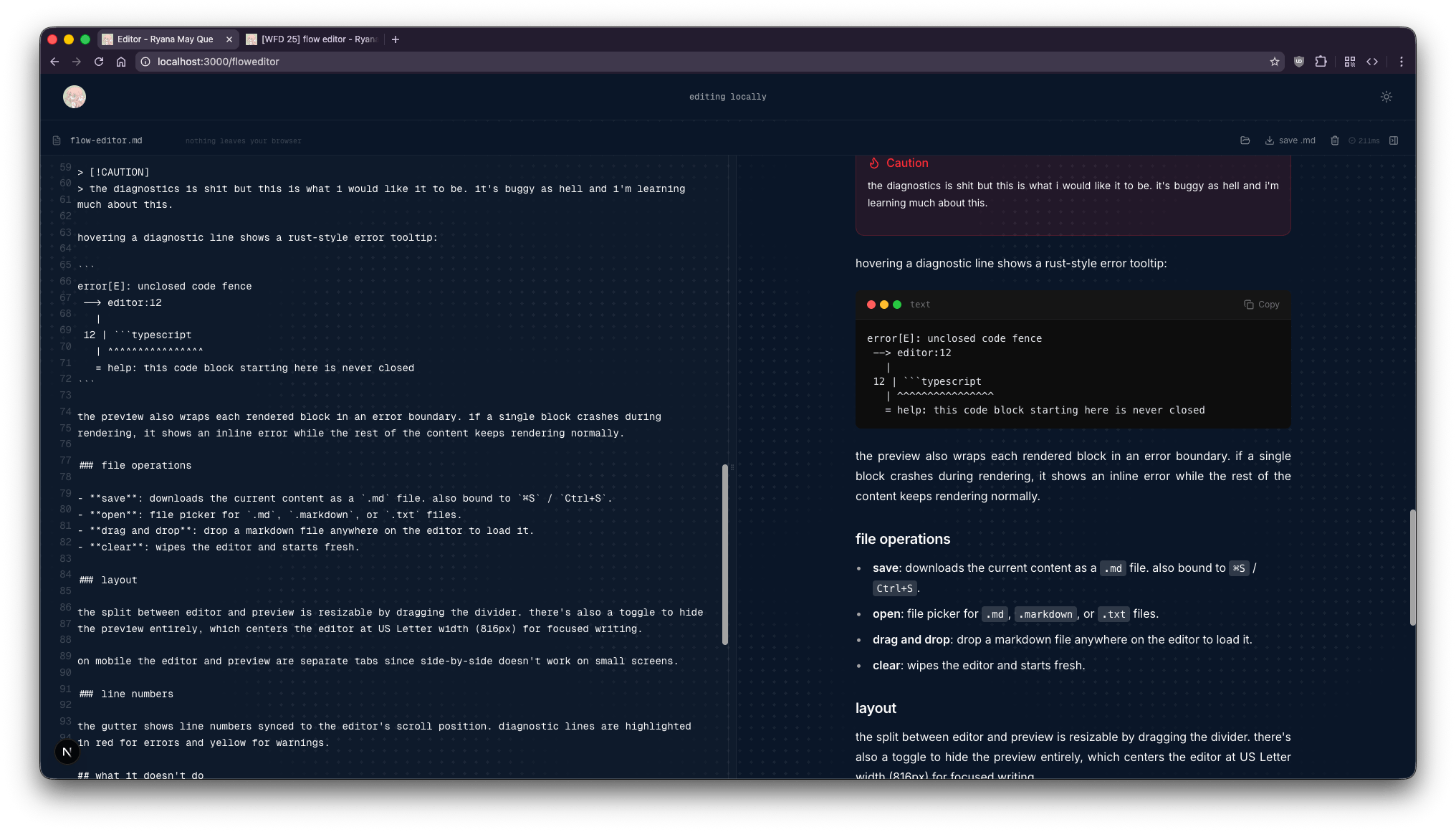 the flow editor with sidebyside editing and live preview